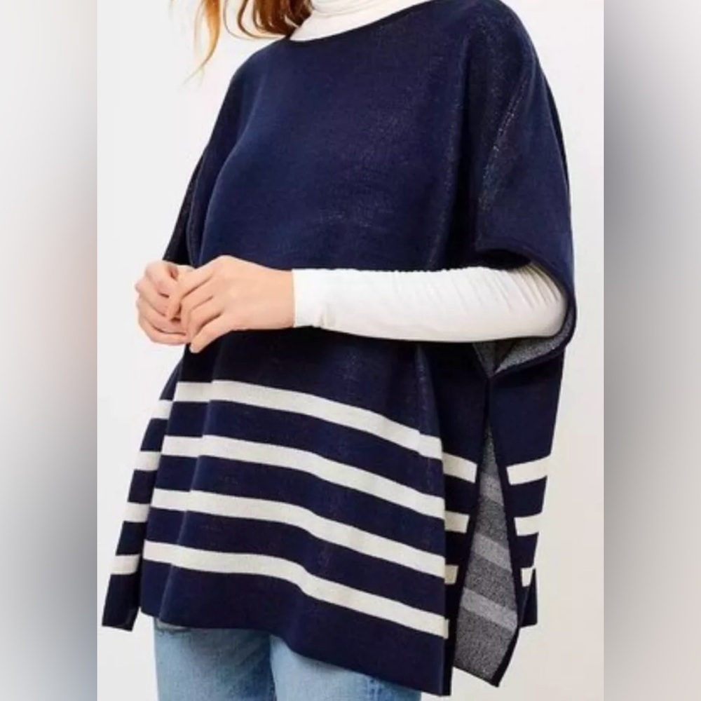 Ann Taylor LOFT Color Block Striped Lightweight Poncho Navy Size XS/S NWT #50